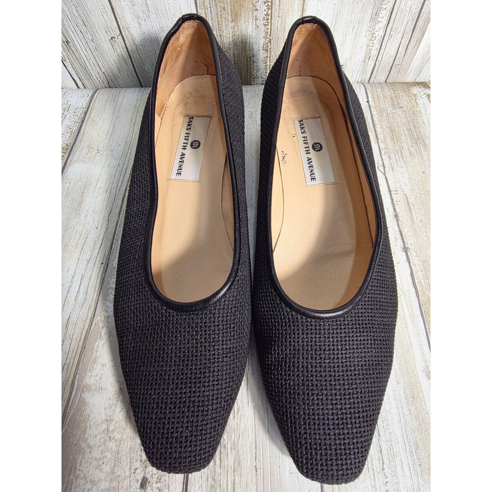 Saks Fifth Avenue Black Mesh Square Toe Low Block Heel Pumps Made in Italy - Picture 5 of 10